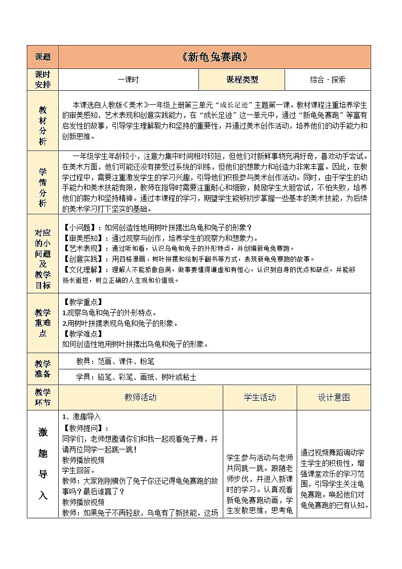 新龟兔赛跑(教学设计)人教版一年级上册美术(新教材)第1页