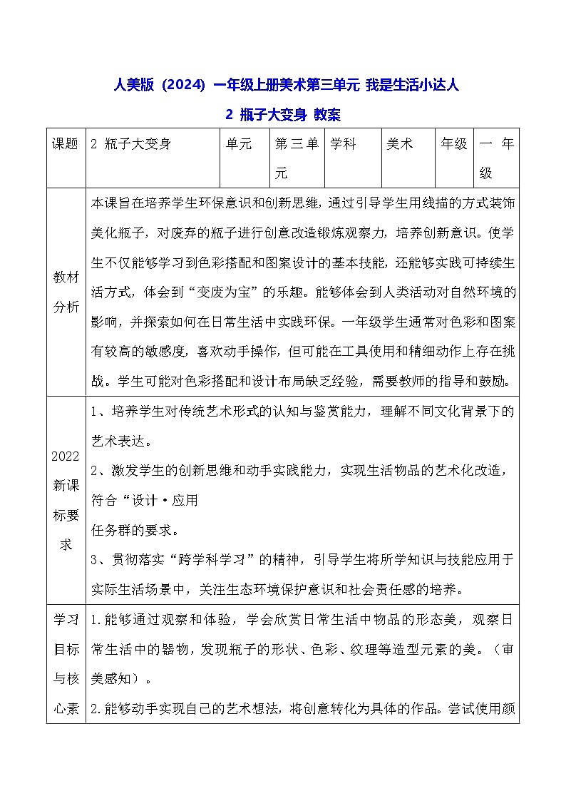 人美版（2024）一年级上册美术-第三单元 我是生活小达人 2 瓶子大变身 教案第1页