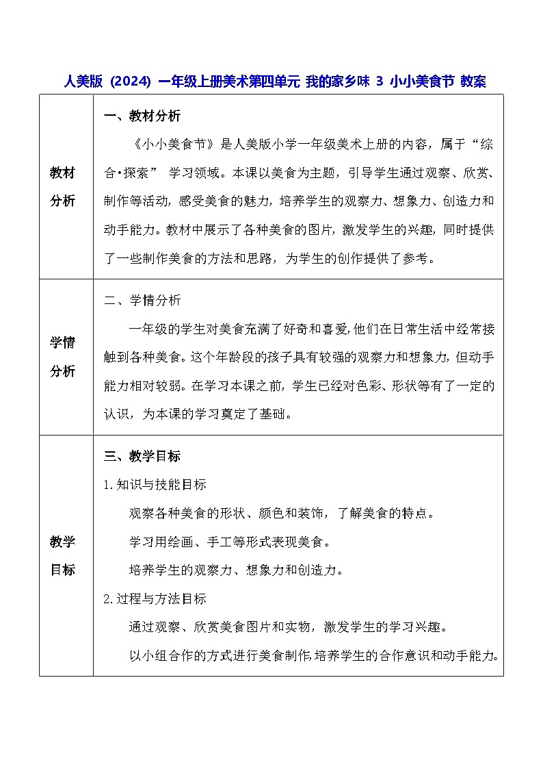 人美版（2024）一年级上册美术-第四单元 我的家乡味 3 小小美食节 教案第1页