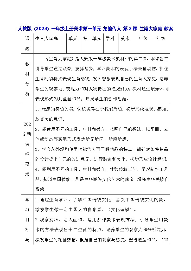 人教版（2024）一年级上册美术第一单元 龙的传人 第二课 生肖大家庭 教案第1页