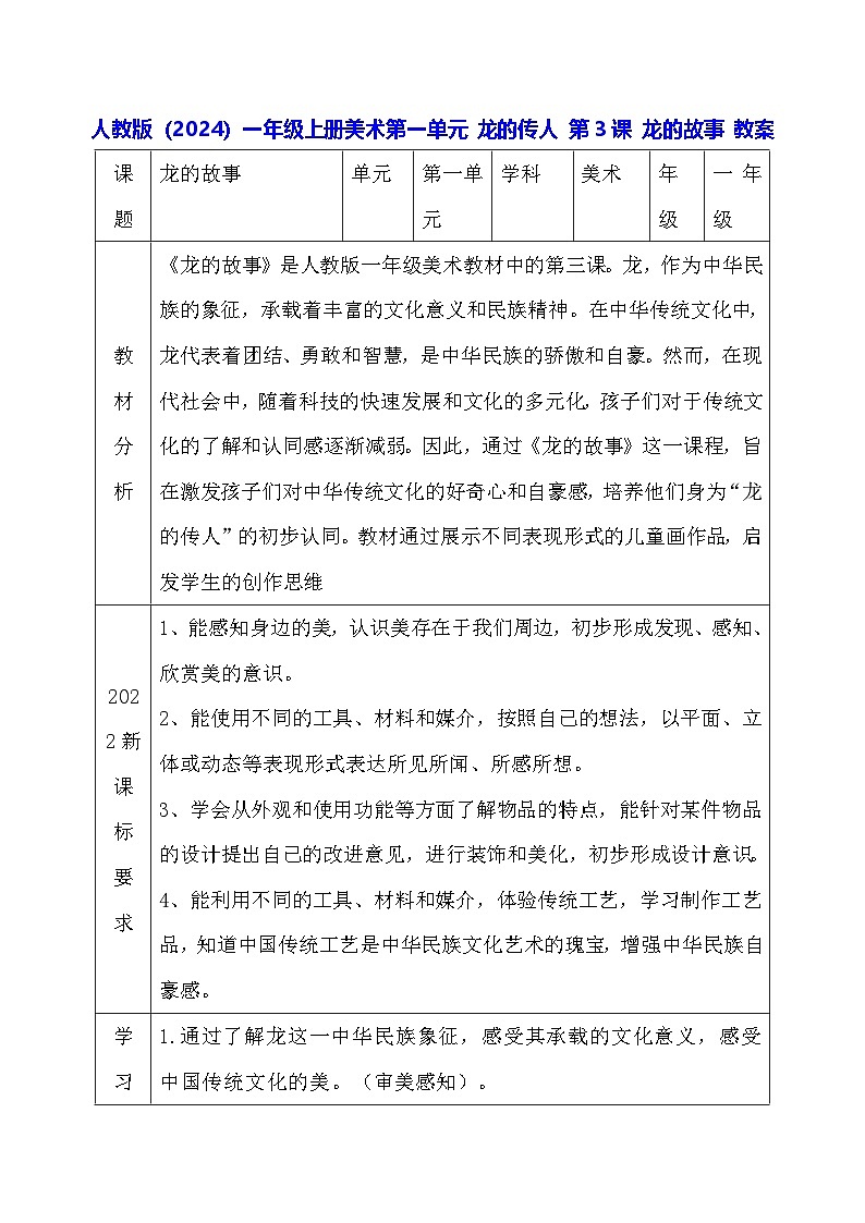 人教版（2024）一年级上册美术第一单元 龙的传人 第三课 龙的故事 教案第1页