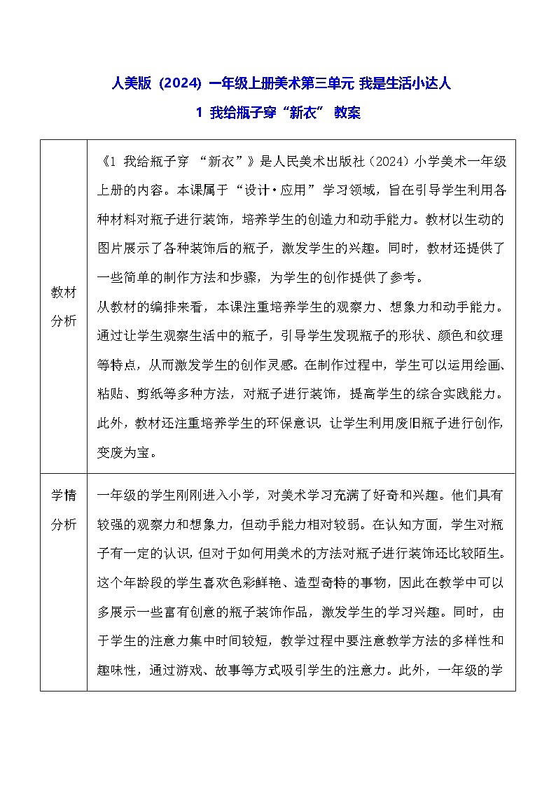 人美版（2024）一年级上册美术-第三单元 我是生活小达人 1 我给瓶子穿“新衣” 教案第1页