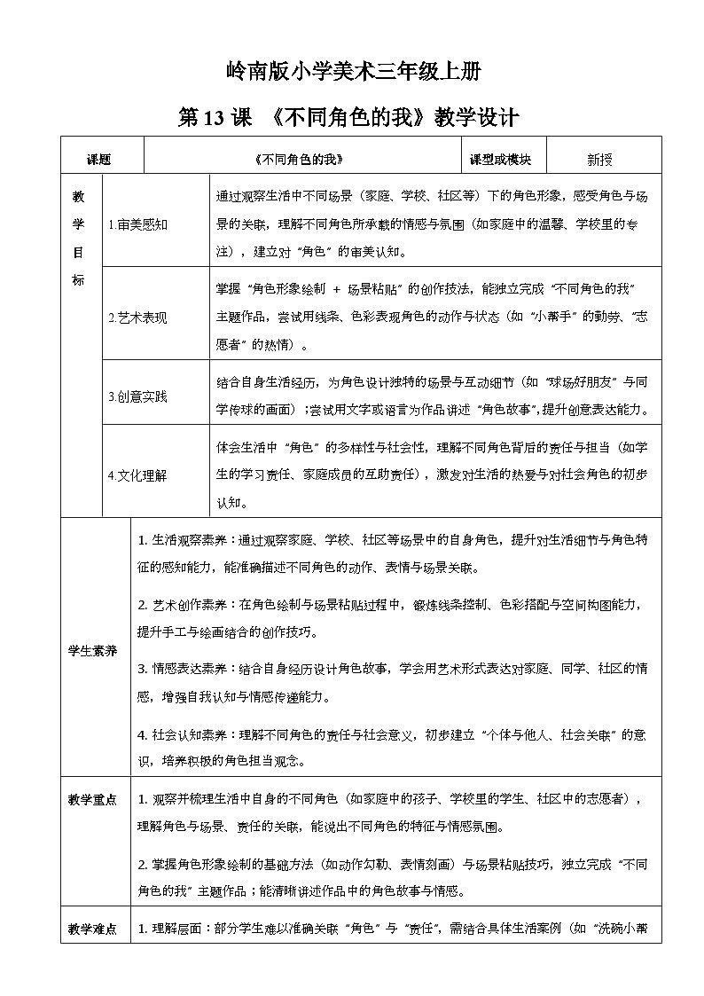 2025岭南版小学三年级上册美术第13课 《不同角色的我》教学设计第1页