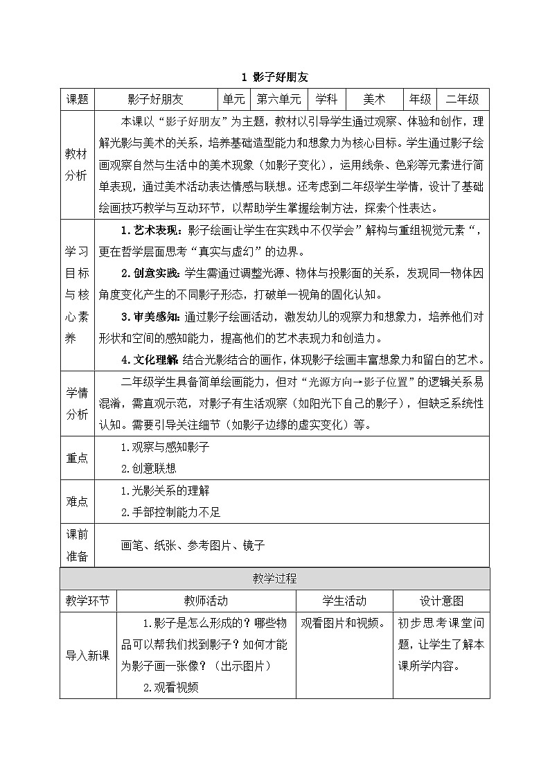 人美版2024小学美术二上第六单元《1 影子好朋友》教案第1页