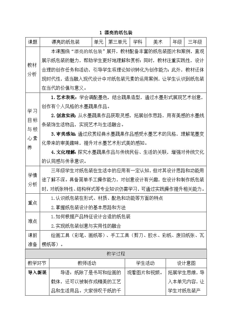 人美版2024小学美术三上第三单元《1 漂亮的纸包装》教案第1页
