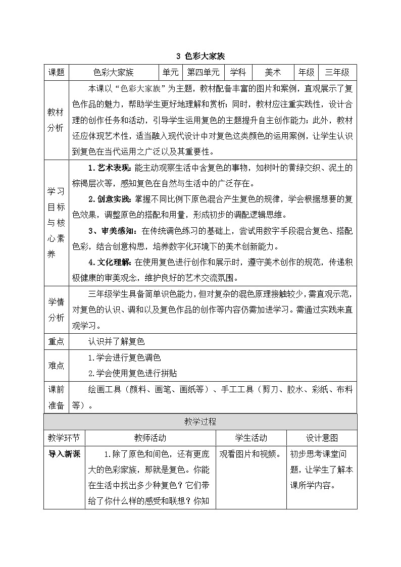 人美版2024小学美术三上第四单元《3 色彩大家族》教案第1页