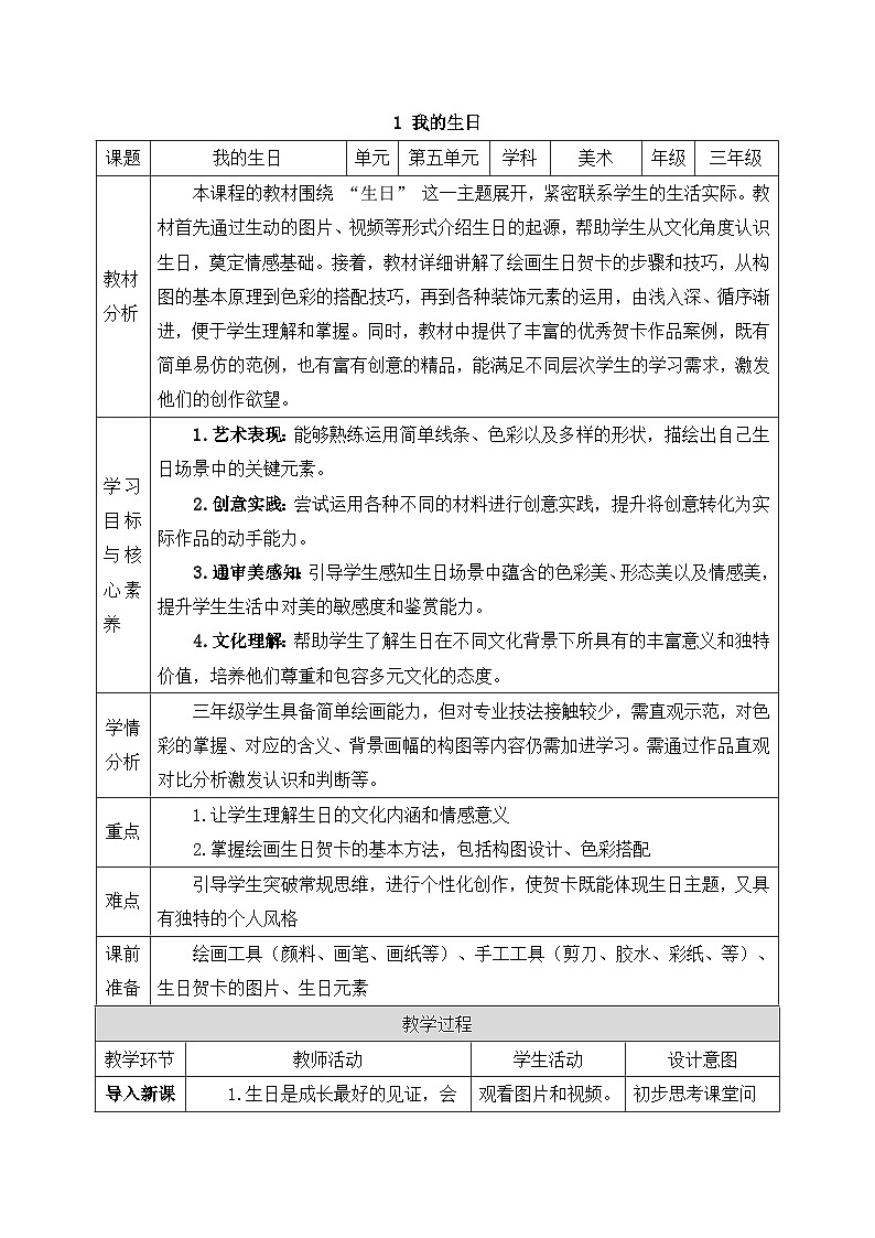 人美版2024小学美术三上第五单元《1 我的生日》教案第1页