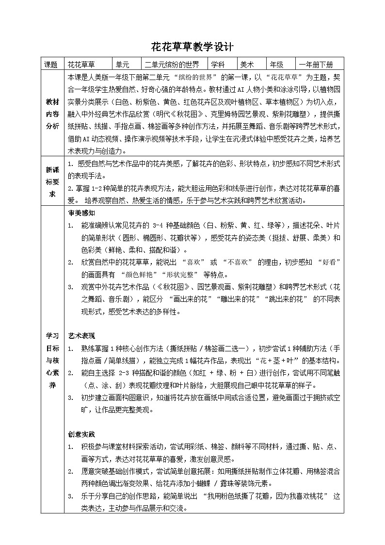 【AI赋能课件】人美版美术一年级下册 04花花草草 教案设计第1页