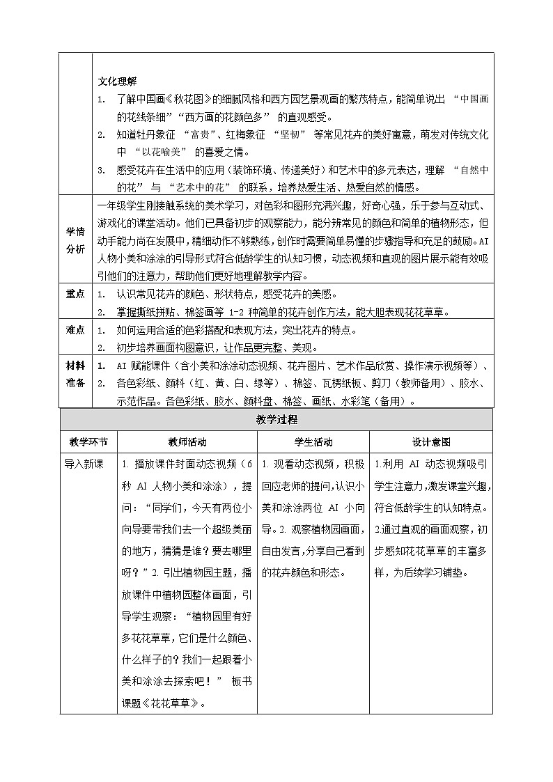 【AI赋能课件】人美版美术一年级下册 04花花草草 教案设计第2页