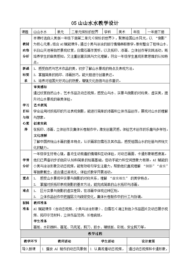 【AI赋能课件】人美版美术一年级下册 05山山水水 教案设计第1页