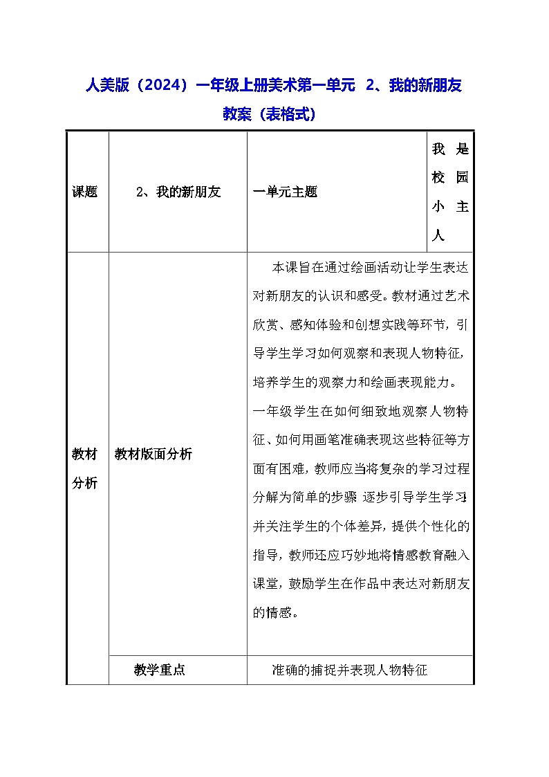 人美版（2024）一年级上册美术第一单元 2、我的新朋友 教案（表格式）第1页