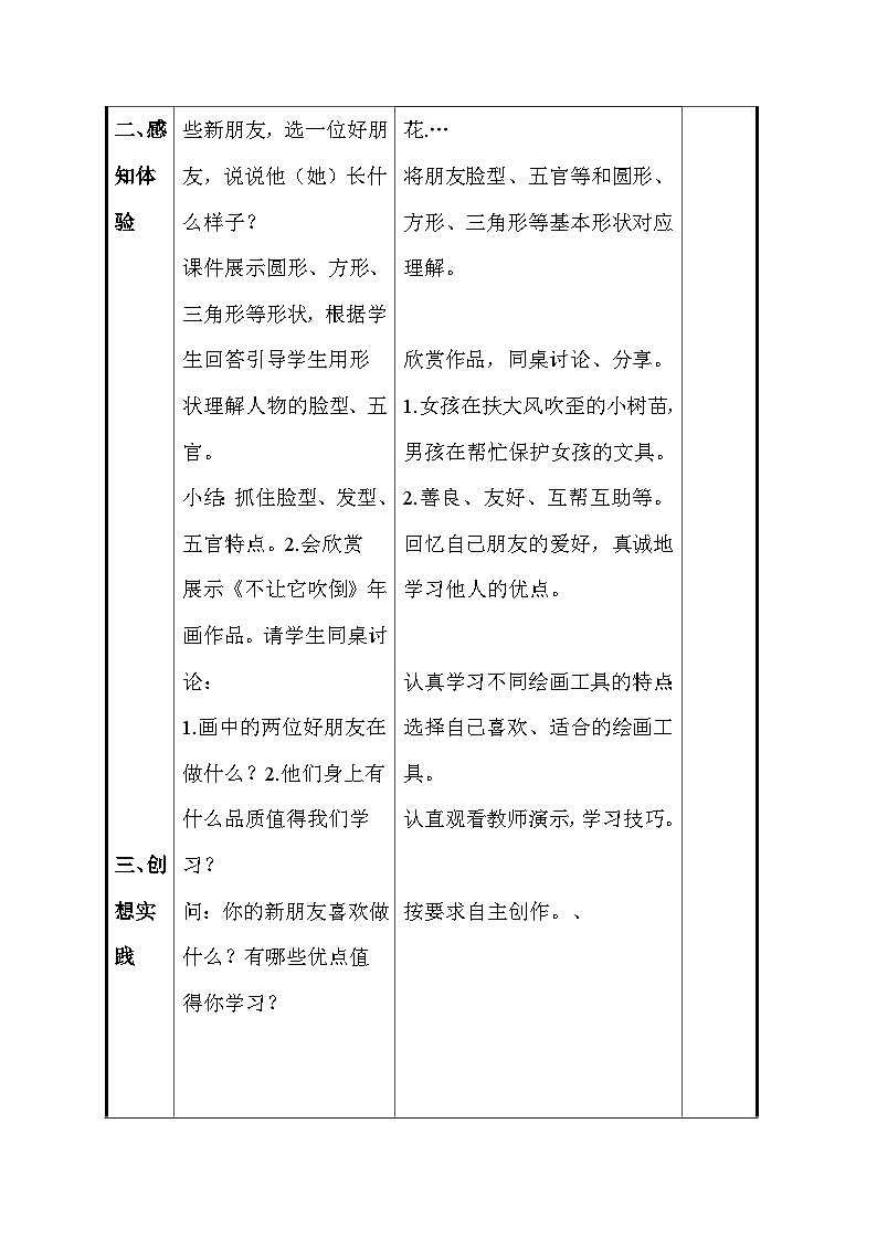 人美版（2024）一年级上册美术第一单元 2、我的新朋友 教案（表格式）第3页