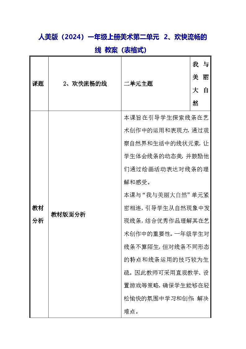 人美版（2024）一年级上册美术第二单元 2、欢快流畅的线 教案（表格式）第1页