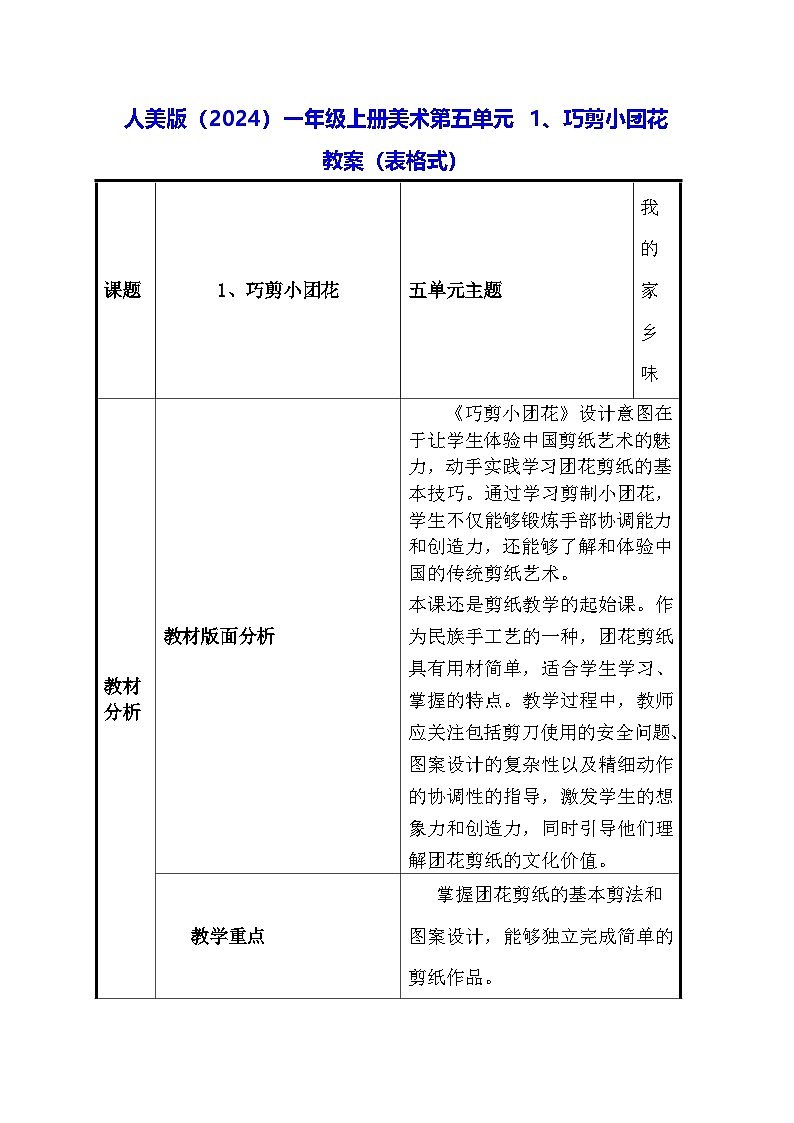 人美版（2024）一年级上册美术第五单元 1、巧剪小团花 教案（表格式）第1页