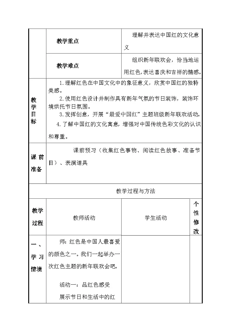 人美版（2024）一年级上册美术第五单元 3、最爱中国红 教案（表格式）第2页