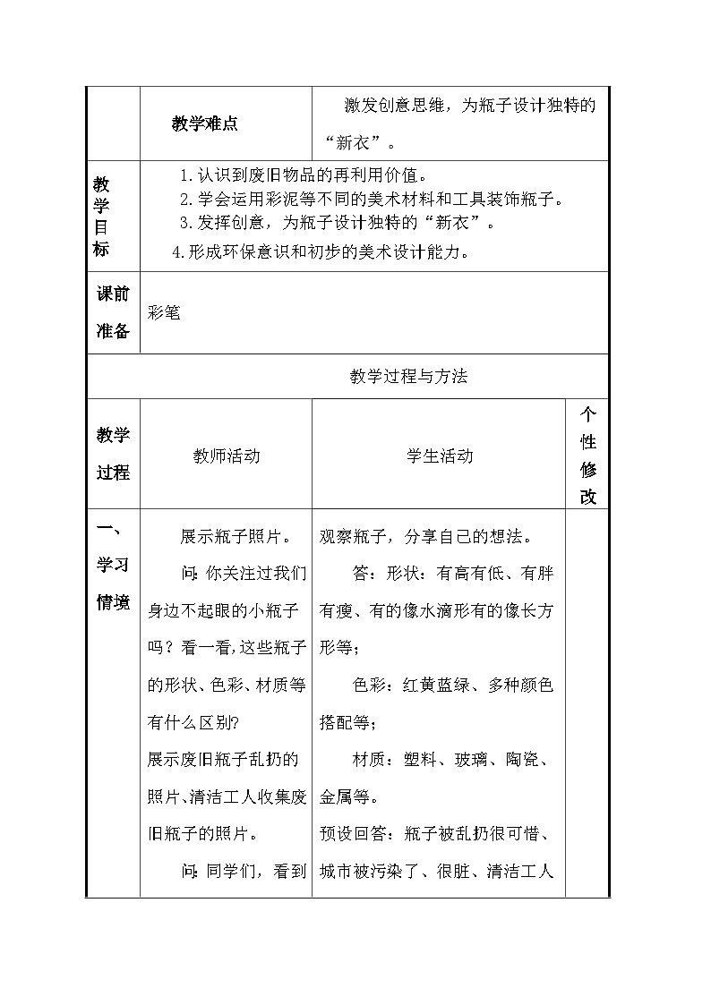 人美版（2024）一年级上册美术第三单元 1、我给瓶子穿“新衣” 教案（表格式）第2页