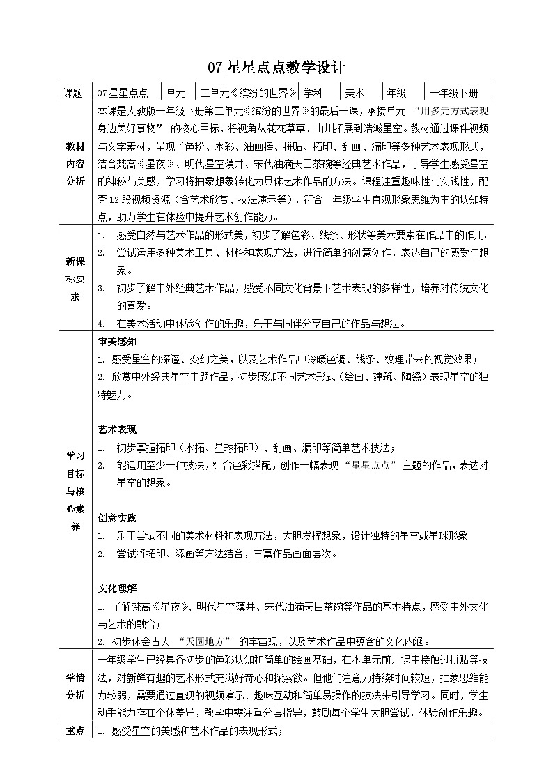 【AI赋能课件】人美版美术一年级下册 07星星点点 教学设计第1页