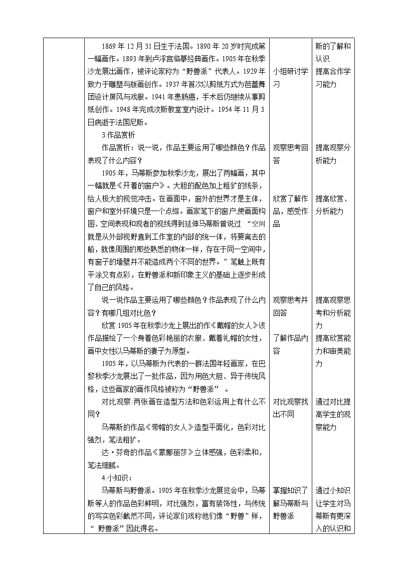 人美版美术五下第二课 20世纪的艺术大师——马蒂斯 教案第2页
