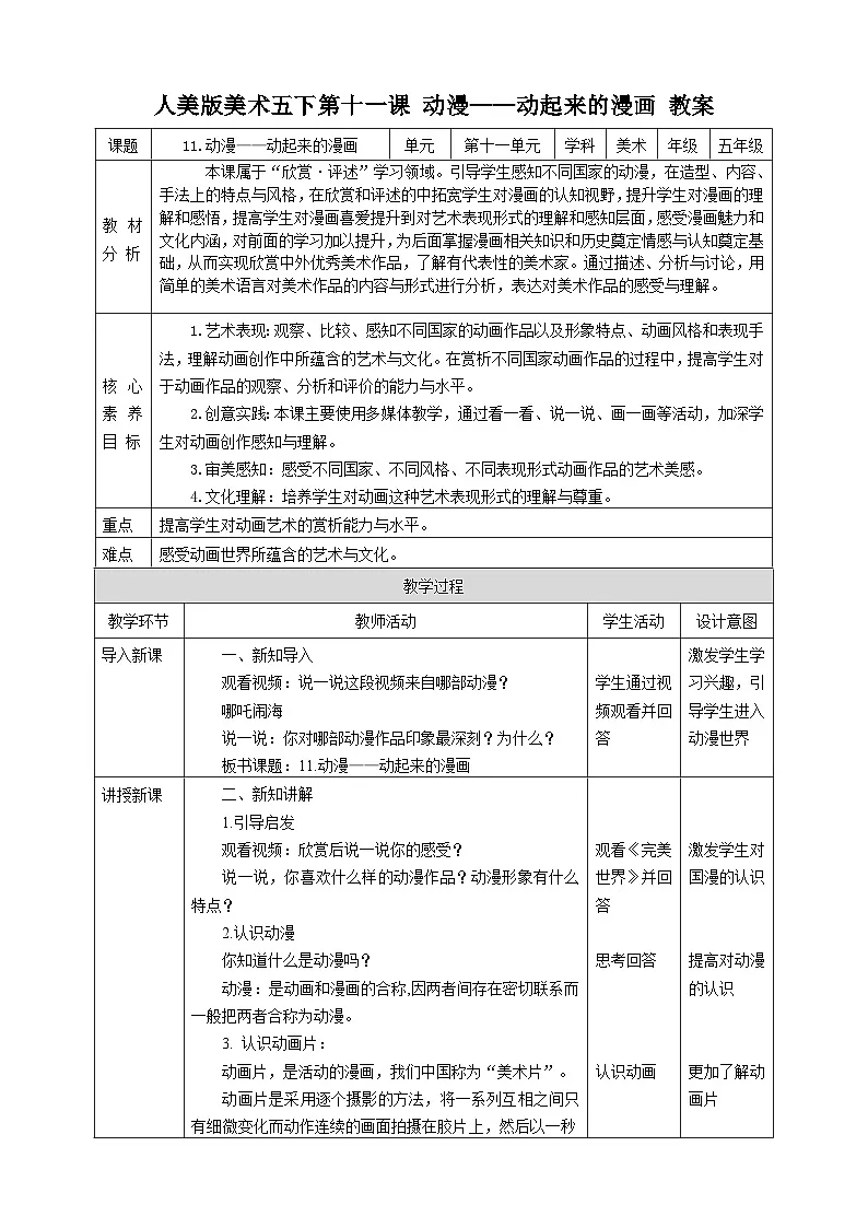人美版美术五下第十一课 动漫——动起来的漫画 教案第1页