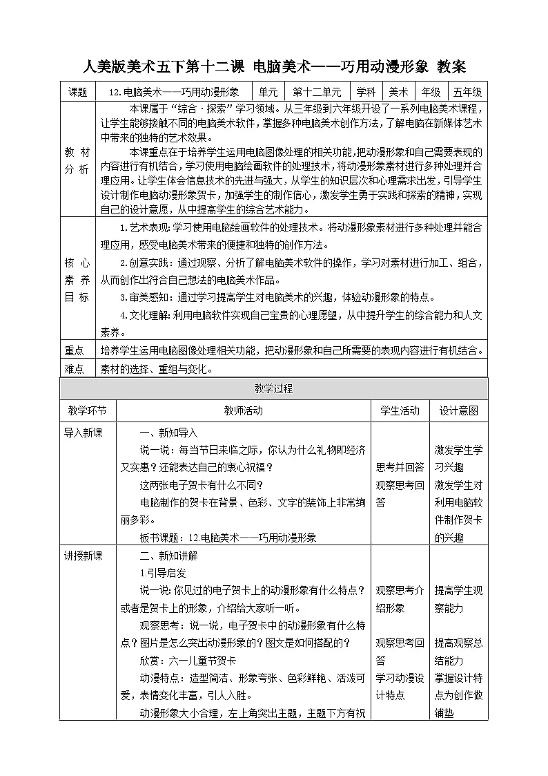 人美版美术五下第十二课 电脑美术——巧用动漫形象 教案第1页
