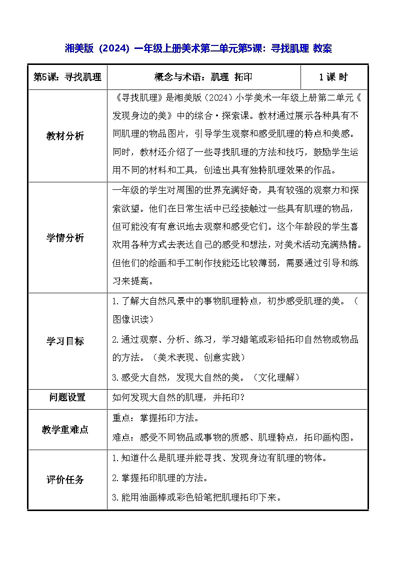 湘美版（2024）一年级上册美术第二单元第五课：寻找肌理 教案第1页