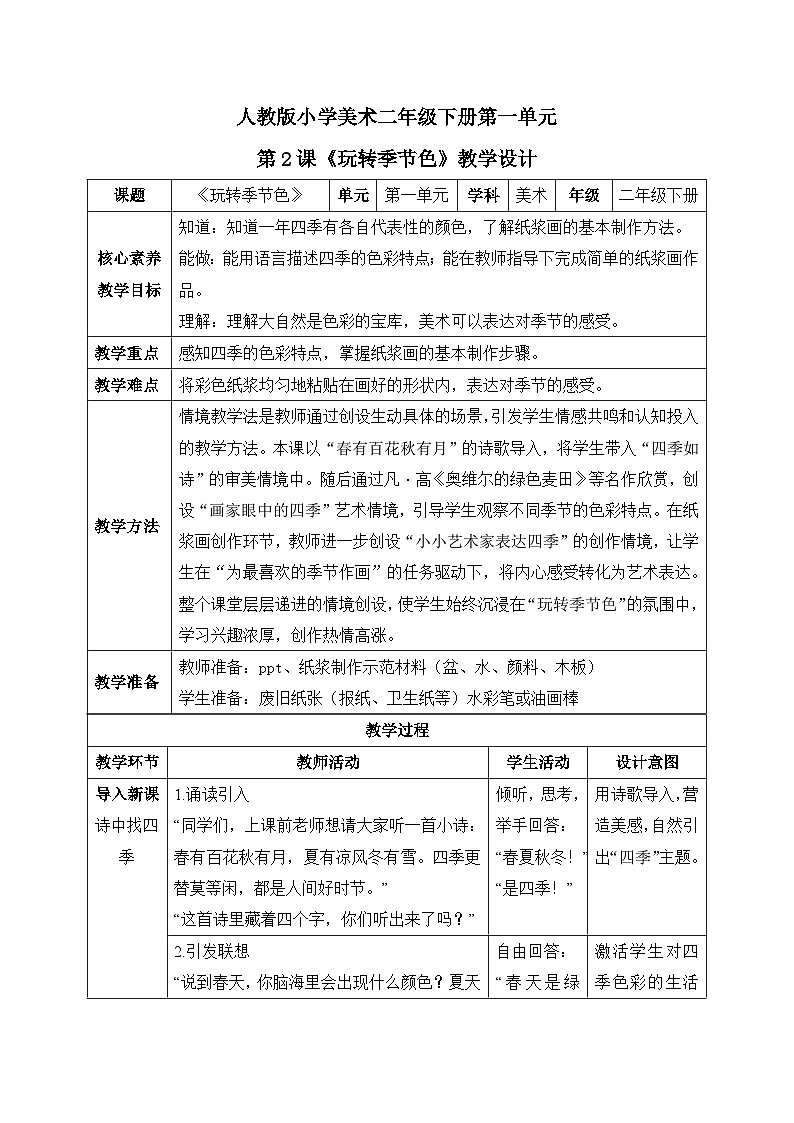 【核心素养目标】人教版小学美术二年级下册 第一单元第二课《玩转季节色》 教案 （表格式）第1页
