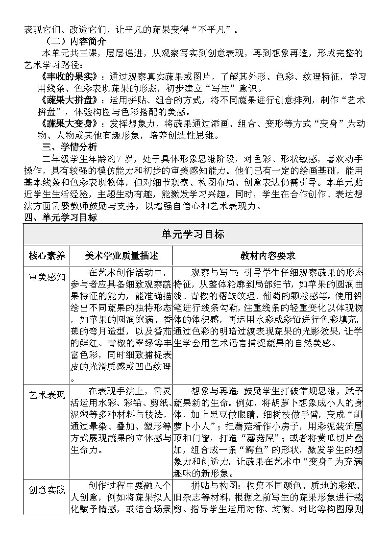 人美版（2024）二年级下册美术第四大单元教学计划第2页