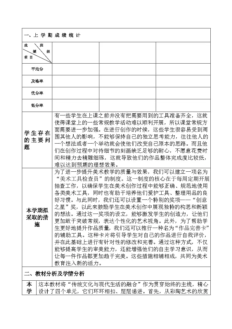 人教版（2024 ）小学美术三年级下册美术新版教学工作计划与总结 -第2页