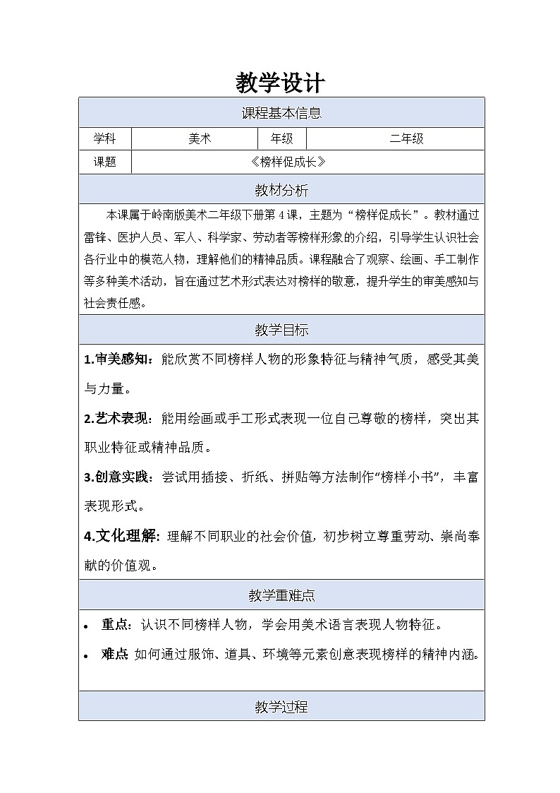 2026岭南版小学美术二年级下册 第4课《榜样促成长》教学设计第1页