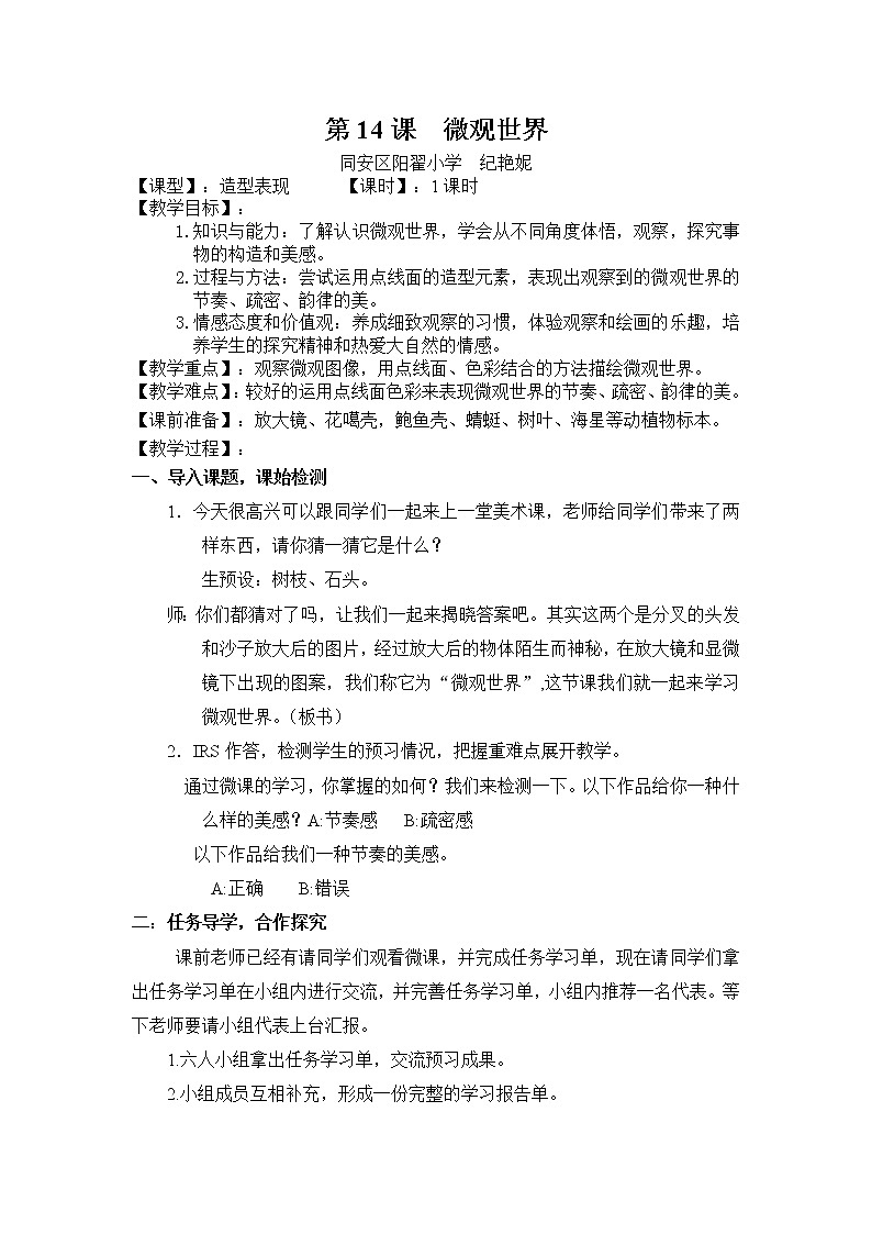 人教版美术五年级下册：第14课《微观世界》教案01
