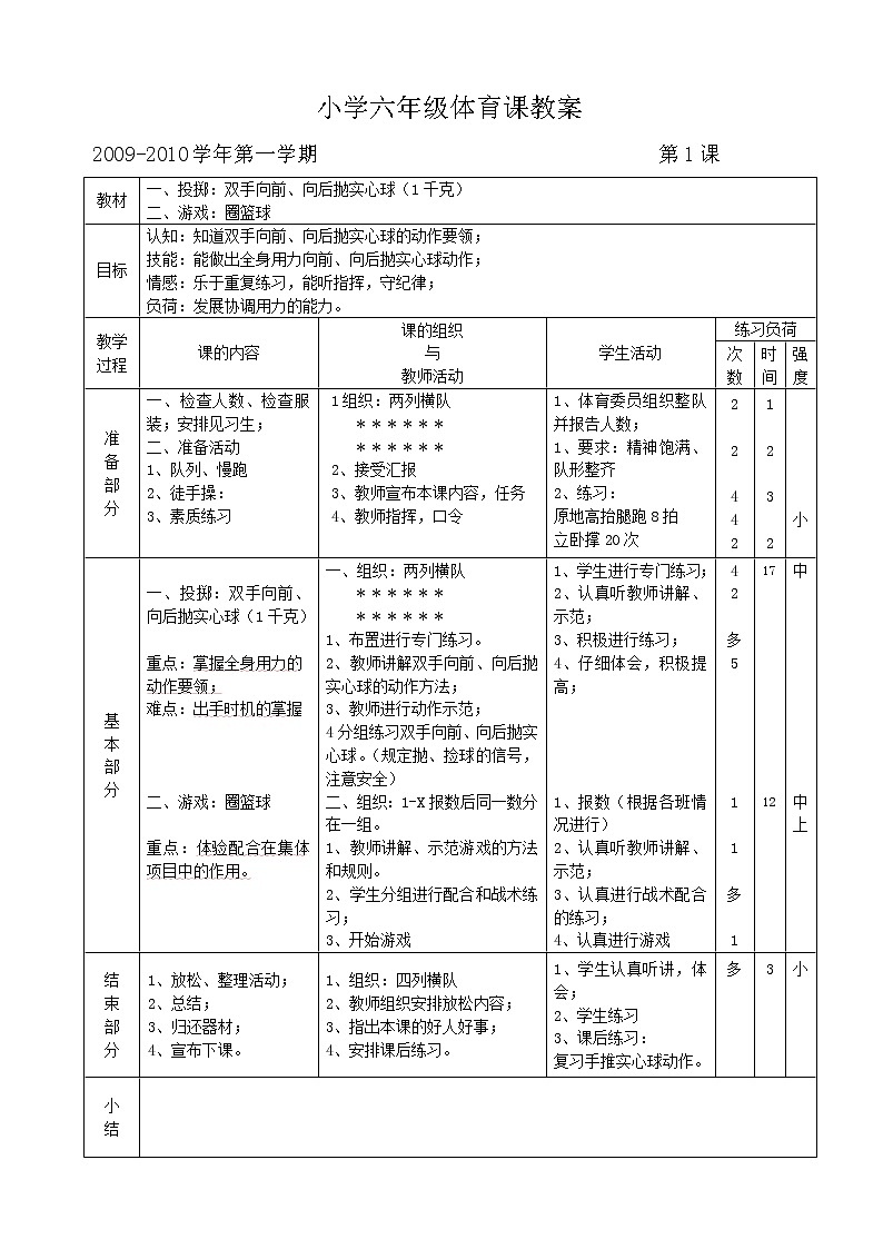 小学六年级体育课教案01