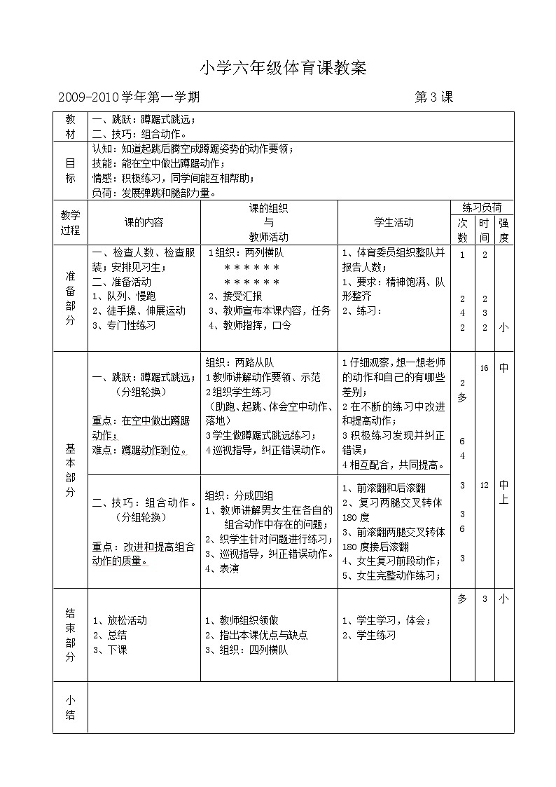 小学六年级体育课教案03