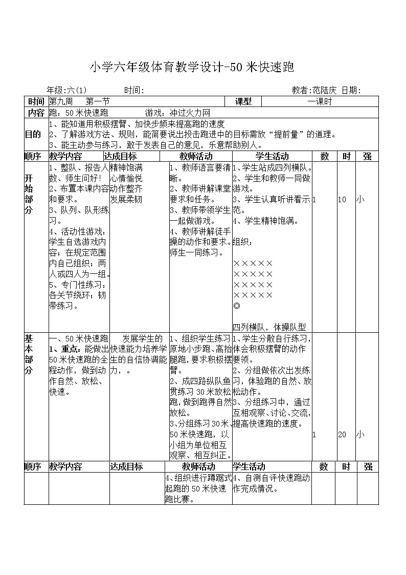 小学六年级体育教学设计-50米快速跑第1页