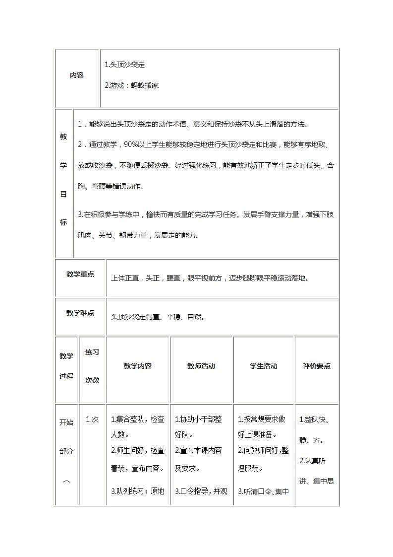 一至二年级体育与健康教案头顶沙袋走01