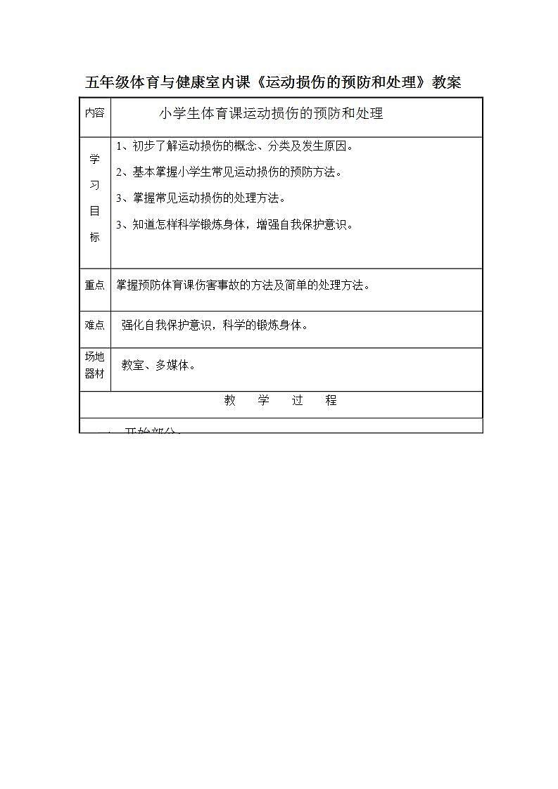 人教版 五年级下册体育与健康  《运动损伤的预防和处理》 教案 （表格式）01