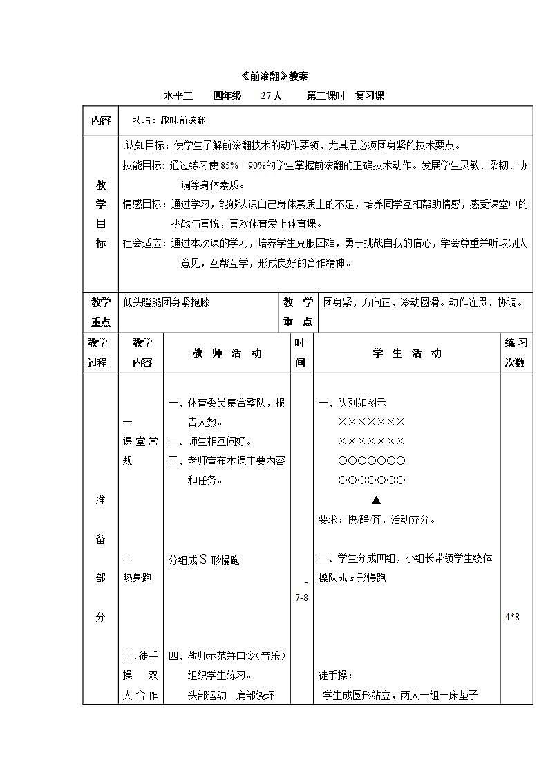 人教版体育与健康四年级 4.2前滚翻 教学设计第3页