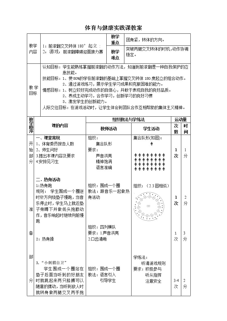 体育与健康人教版3～4年级全一册 5.3  前滚翻交叉转体180度起立 教案01