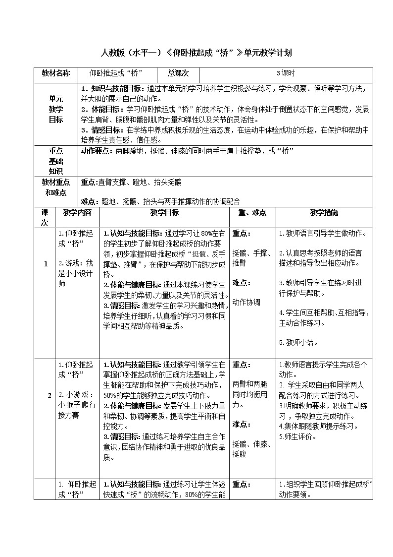 体育与健康人教版1～2年级全一册  5.3 仰卧推起成“桥”及体能练习(1)（教案）01