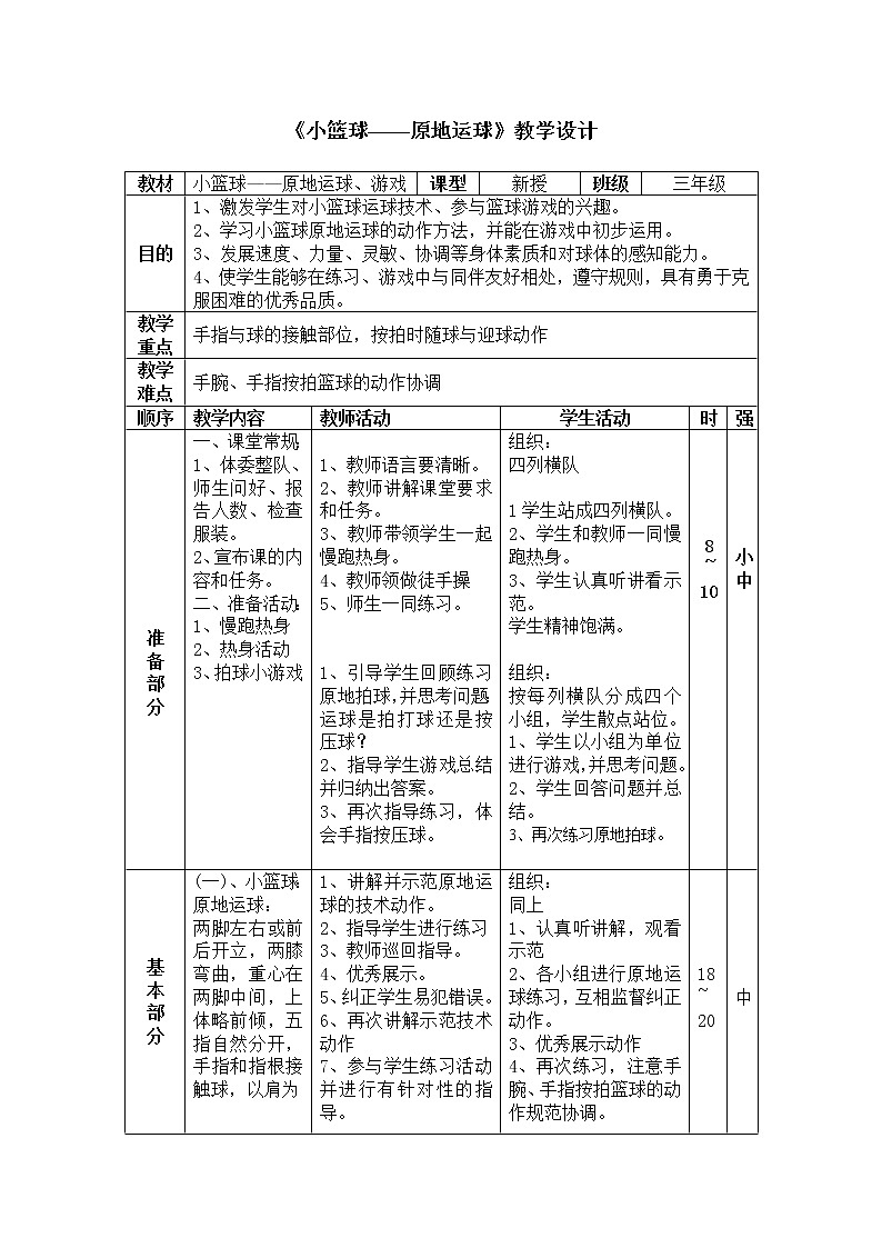 人教版三~四年级体育与健康 6.1.1小篮球 熟悉球性练习与原地运球及游戏 教案第1页