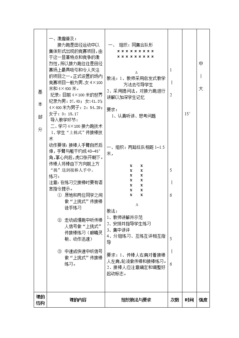人教版三~四年级体育与健康 4.1.3.2接力跑 4×100米接力跑  教案02