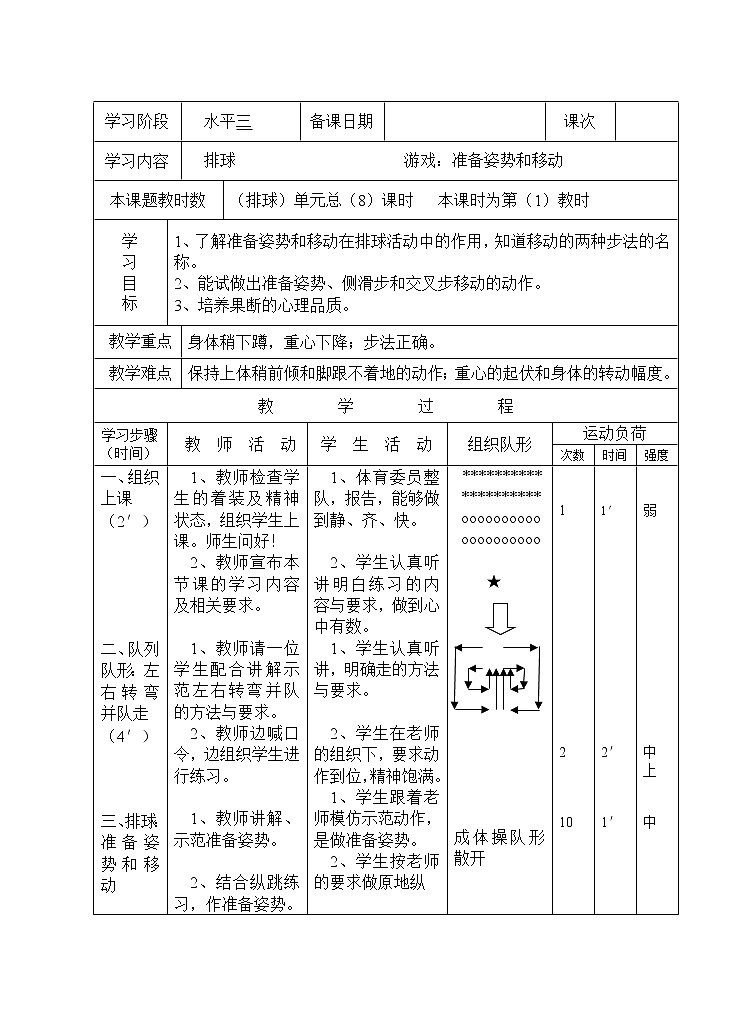 五六年级体育与健康教案－6.3.1软式排球 准备姿势和移动 ｜人教版第1页