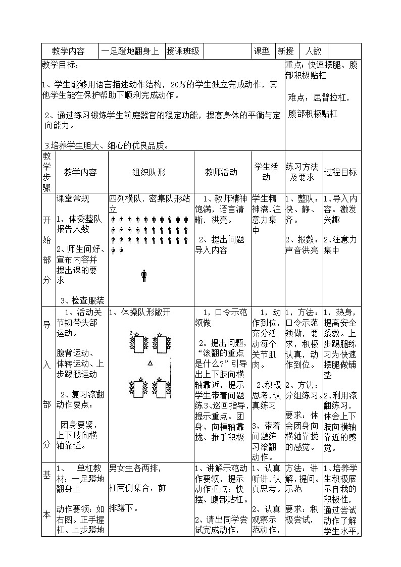 五六年级体育与健康教案－5.6.2一足蹬地翻身上  ｜人教版第1页