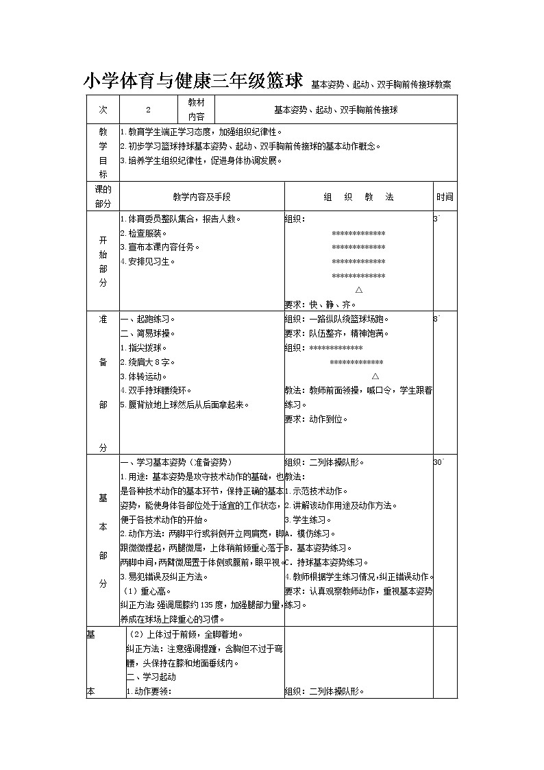 小学体育与健康三年级篮球 基本姿势、起动、双手胸前传接球教案第1页