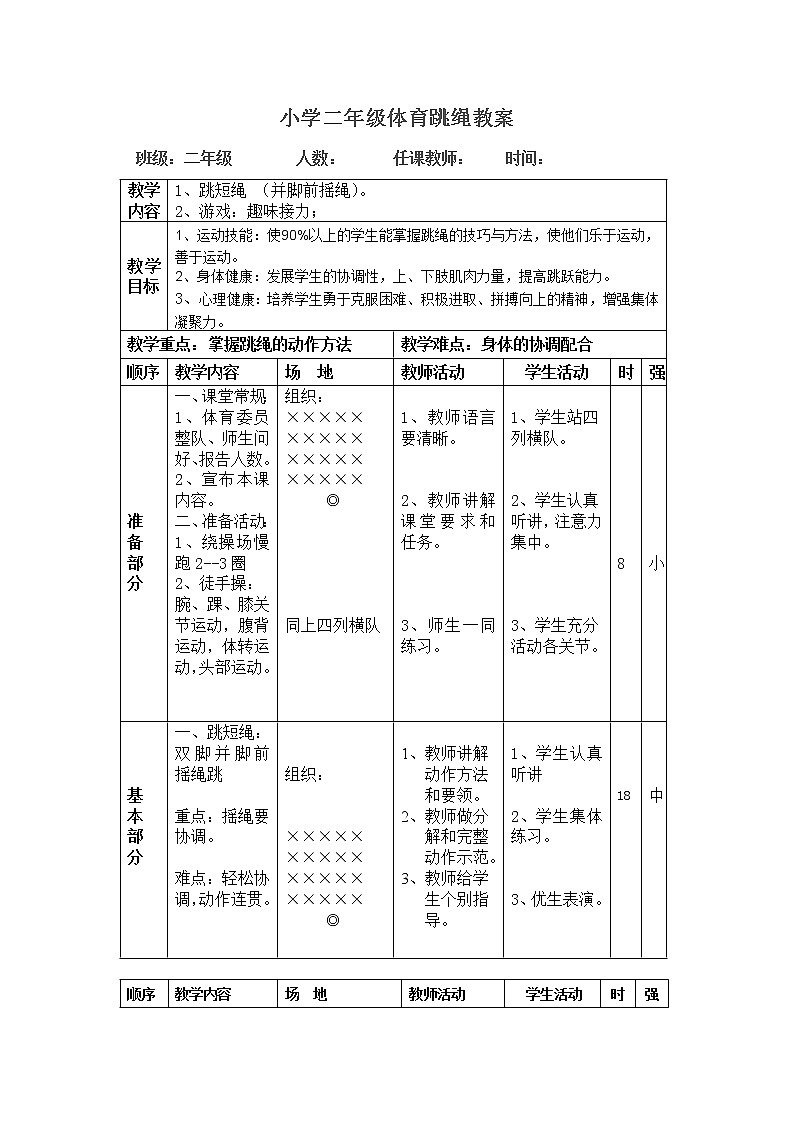 二年级上册体育教案-跳绳 人教版第1页