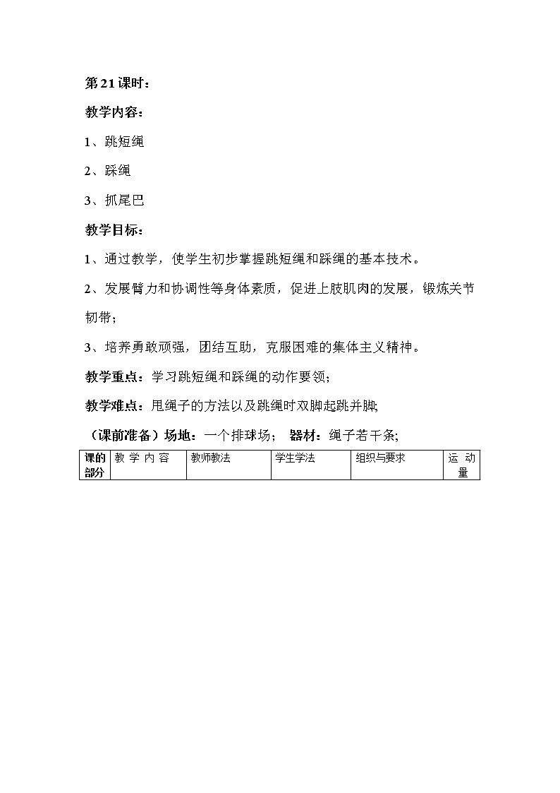 二年级上册体育教案－第21课时学习跳短绳和踩绳的动作要领－人教版第1页