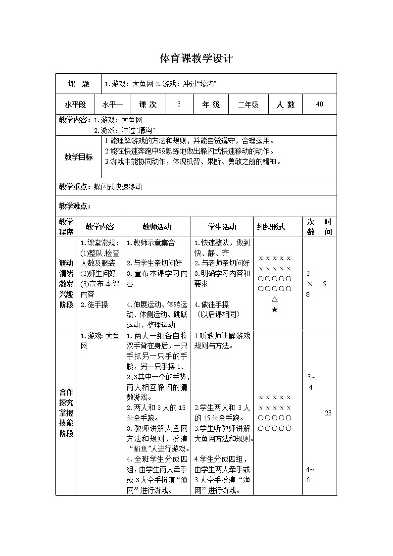 二年级下册体育表格式教案-2 游戏：大鱼网-通用版第1页