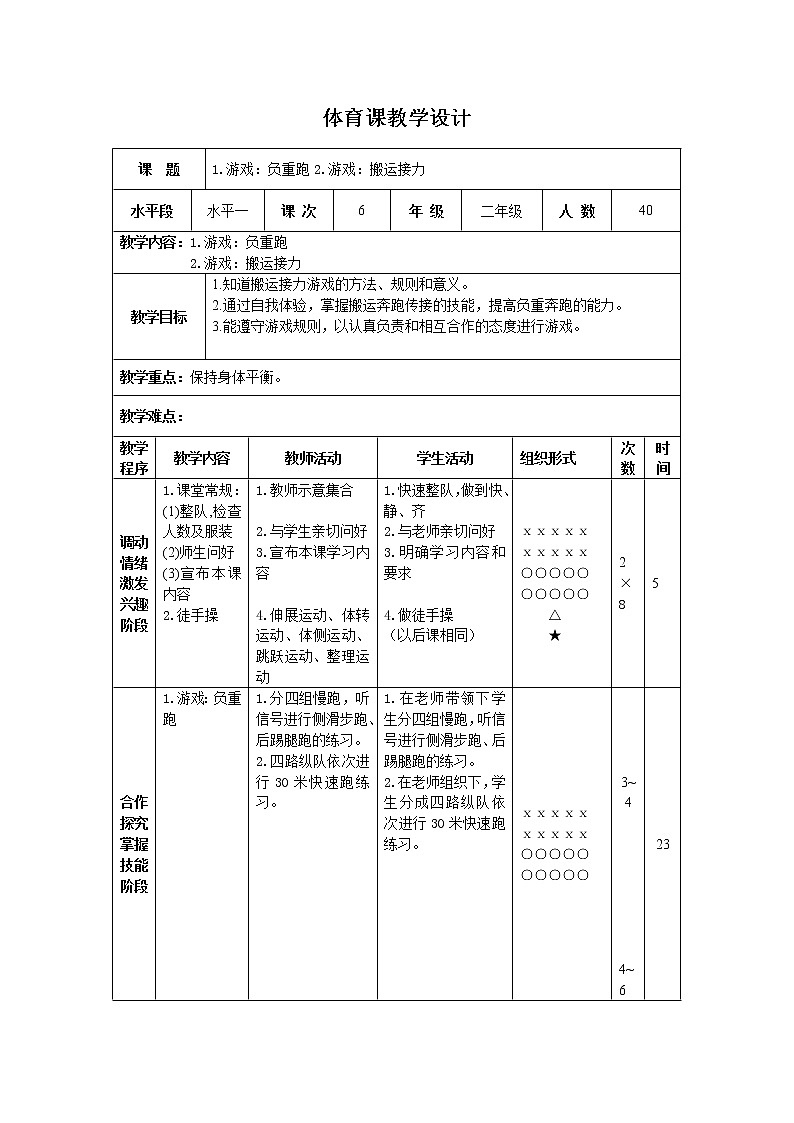 二年级下册体育表格式教案-5 游戏：负重跑-通用版01