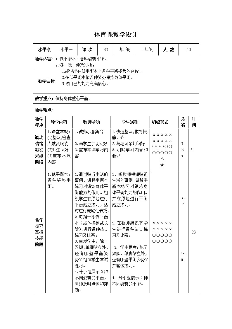 二年级下册体育表格式教案-23 低平衡木：各种姿势平衡-通用版第1页