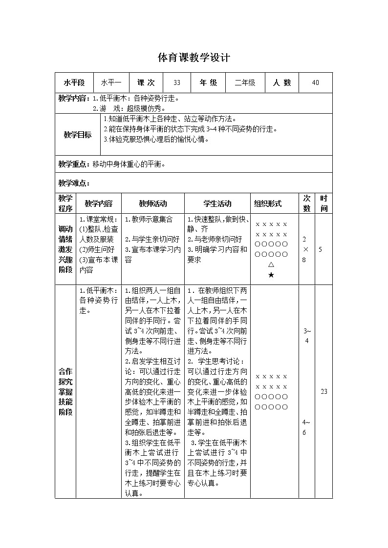 二年级下册体育表格式教案-24 低平衡木：各种姿势行走-通用版01
