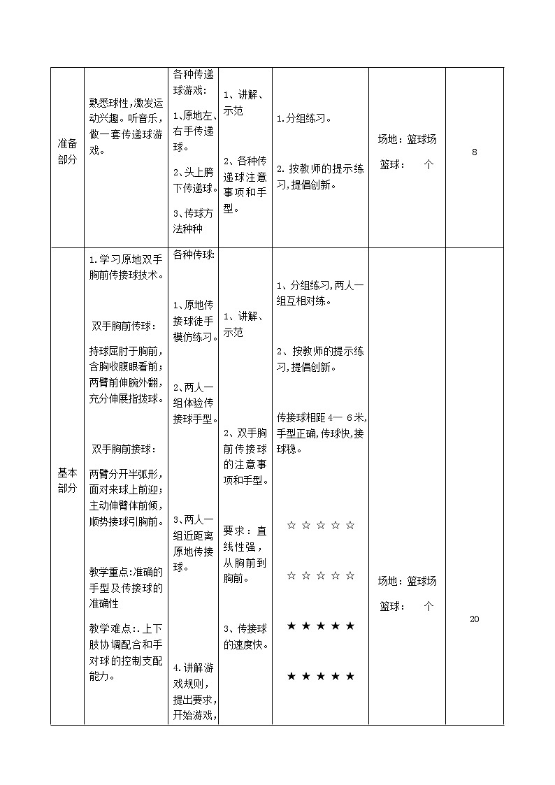 体育与健康四年级上册双手胸前传接球教学设计02